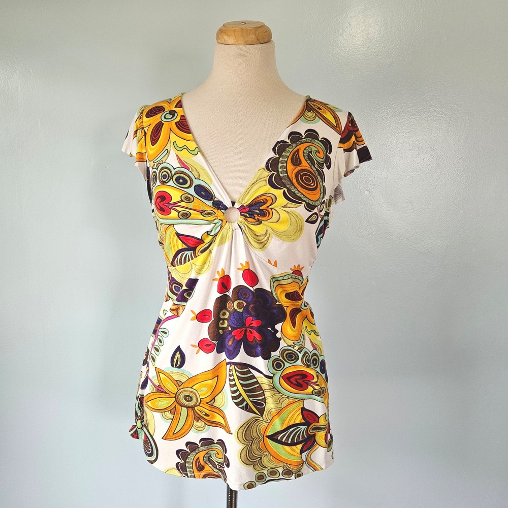 Vtg‎ 2000s Y2K Boston Proper Floral Paisley Psychedelic O-Ring V-Neck Top M